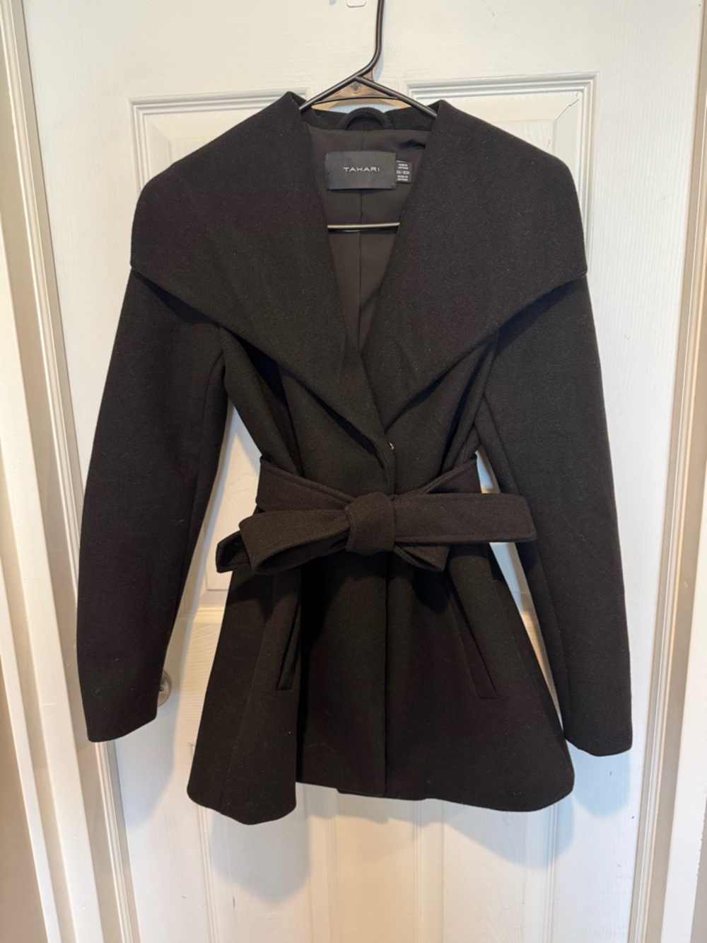 Tahari Black Belted Wrap Coat Size XS